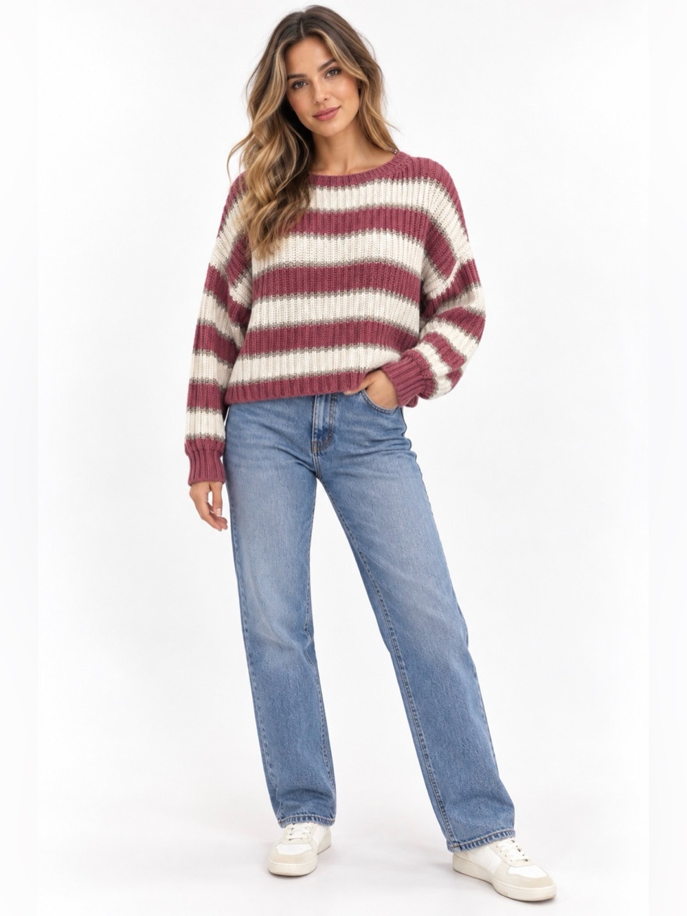 American Eagle Pink & White Striped Cropped Sweater Size S